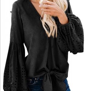 Black Cotton Balloon Sleeve Tie Top
